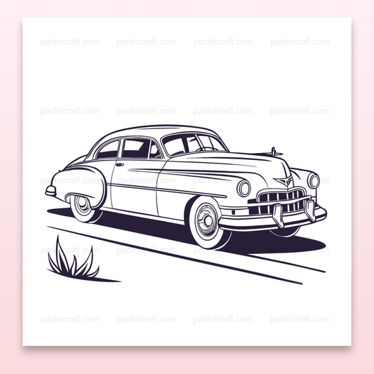 Dessin vectoriel d'une Cadillac classique années 50 sur route, Cadillac vintage sur mug, design rétro, T-shirt avec illustration de Cadillac classique, Autocollant Cadillac vintage, design nostalgique, Cadre avec illustration de voiture Cadillac rétro
