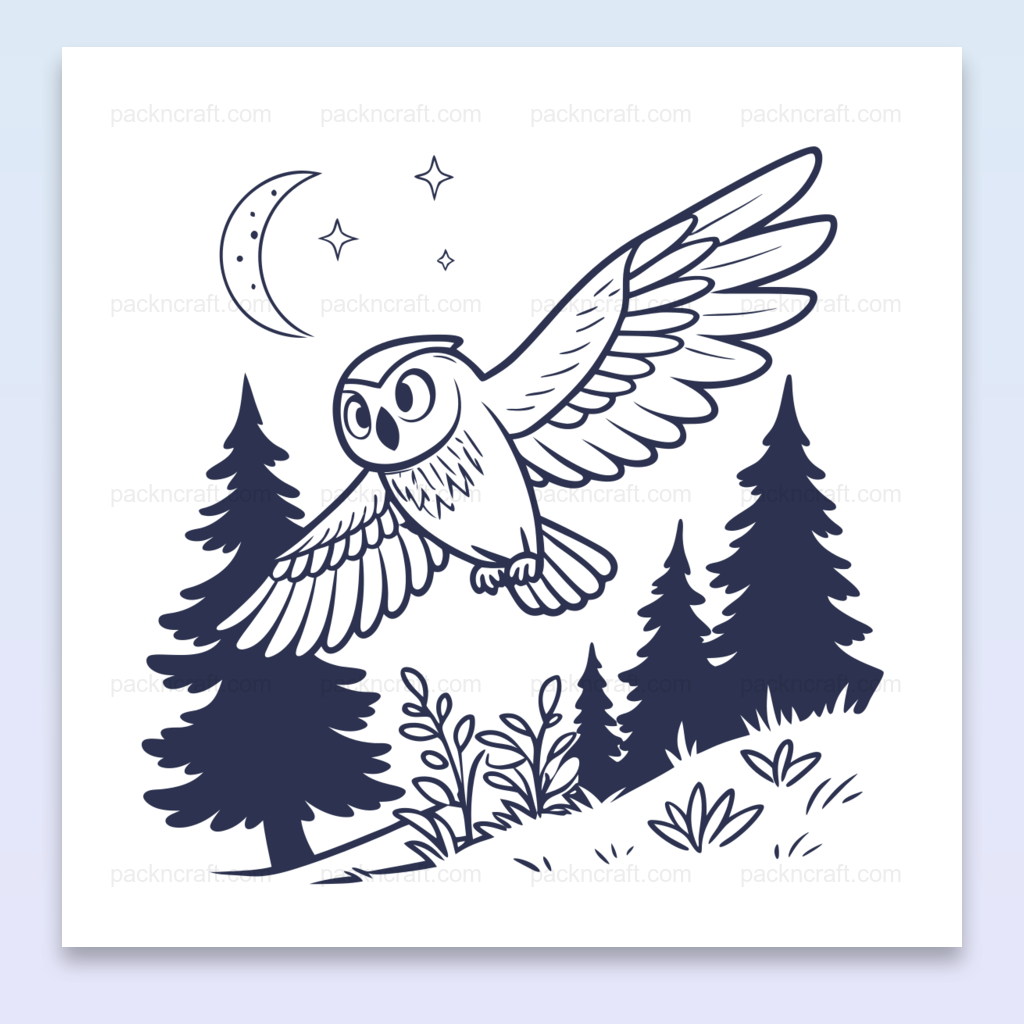 Chouette en vol au-dessus d'une forêt, illustration vectorielle pour usage décoratif.