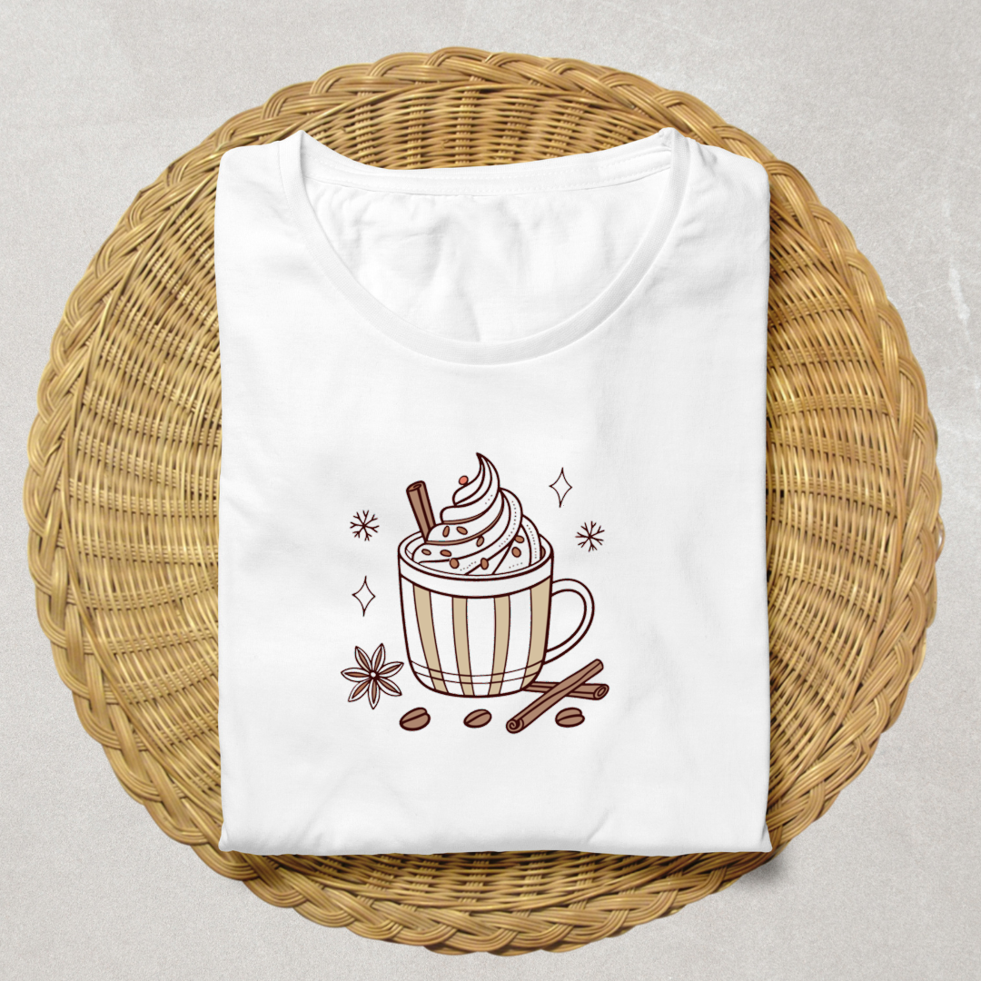 T-shirt ambiance hivernale avec motif chocolat chaud élégant et chaleureux
