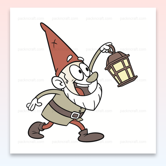 Gnome joyeux tenant une lanterne, illustration stylisée pour déco.