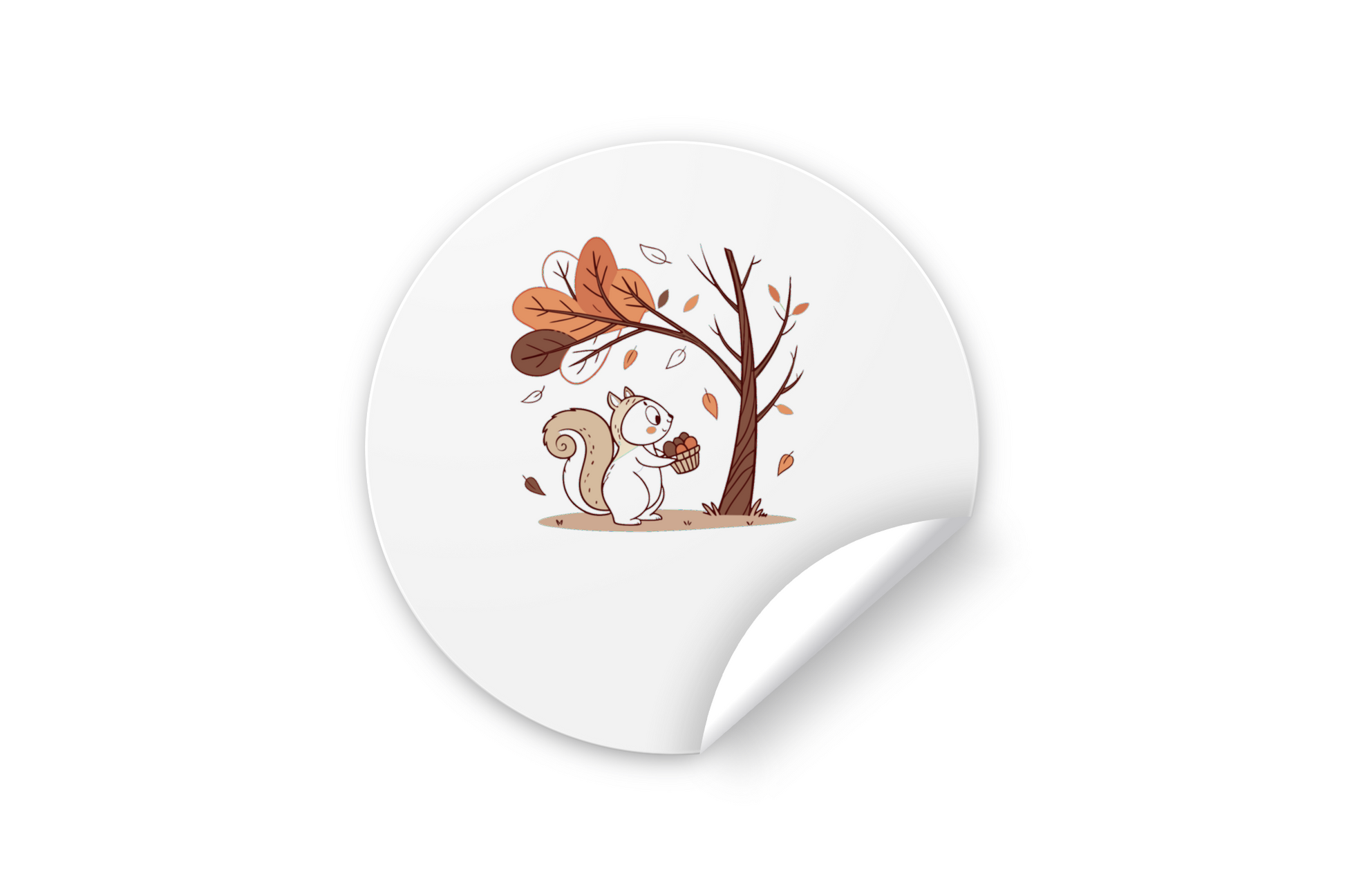 Sticker avec un petit écureuil pastel récoltant des noisettes, ambiance automnale