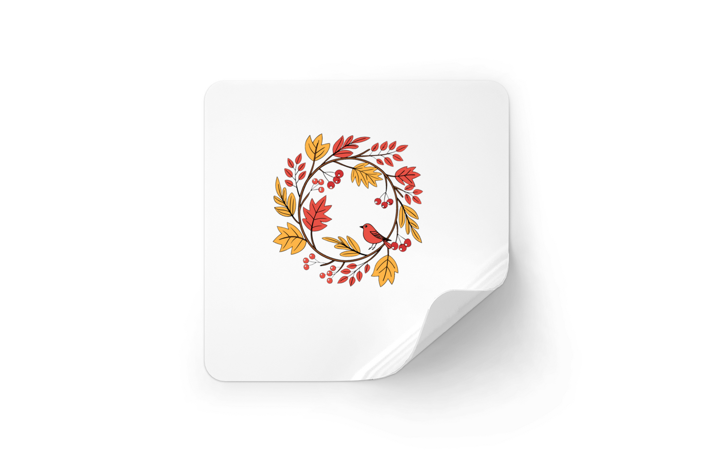 Sticker décoratif avec un oiseau niché dans sur une couronne automnale en tons pastels