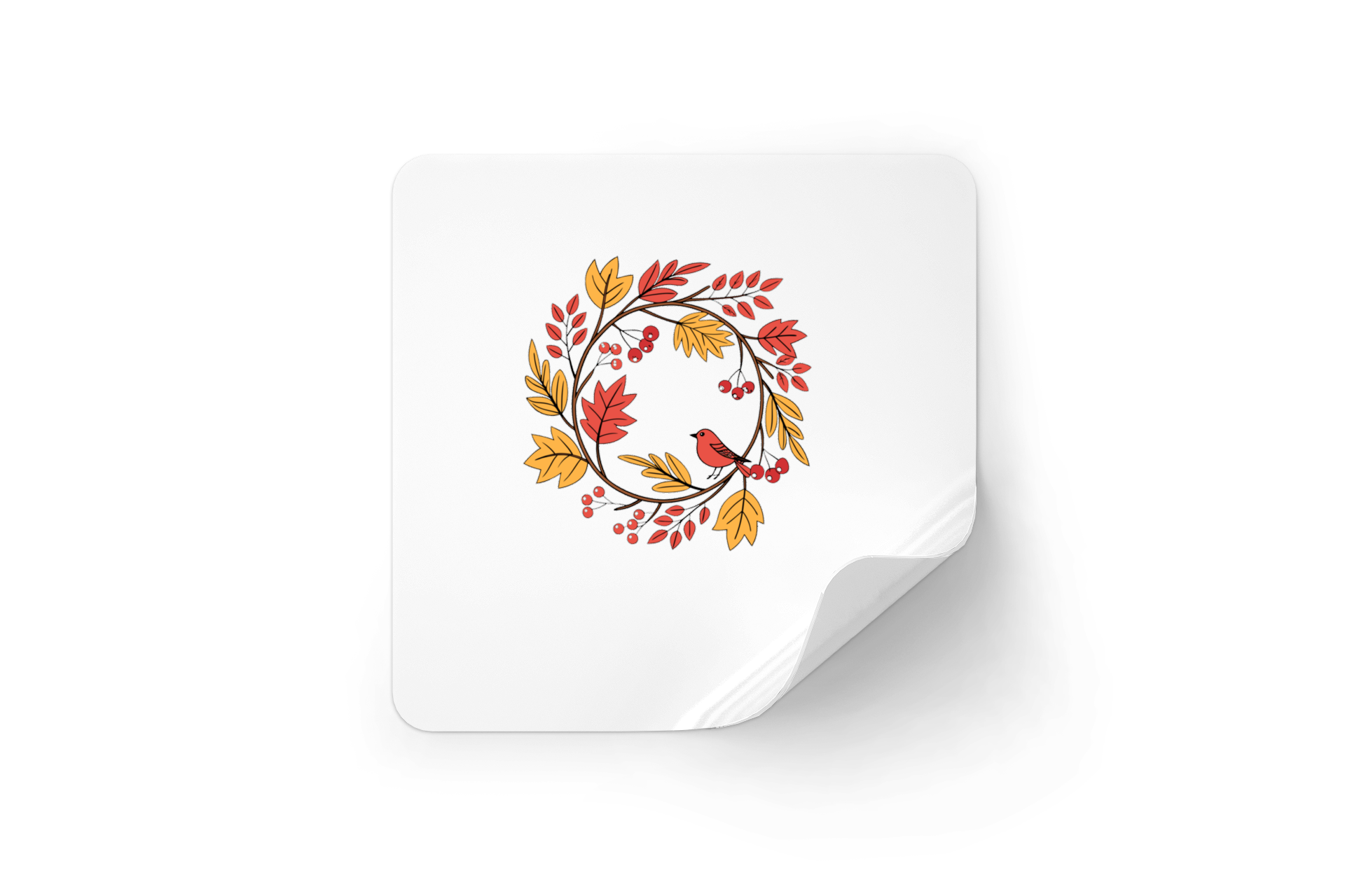 Sticker décoratif avec un oiseau niché dans sur une couronne automnale en tons pastels