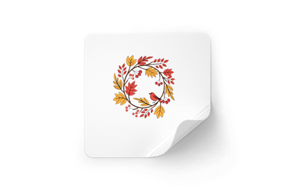 Sticker décoratif avec un oiseau niché dans sur une couronne automnale en tons pastels