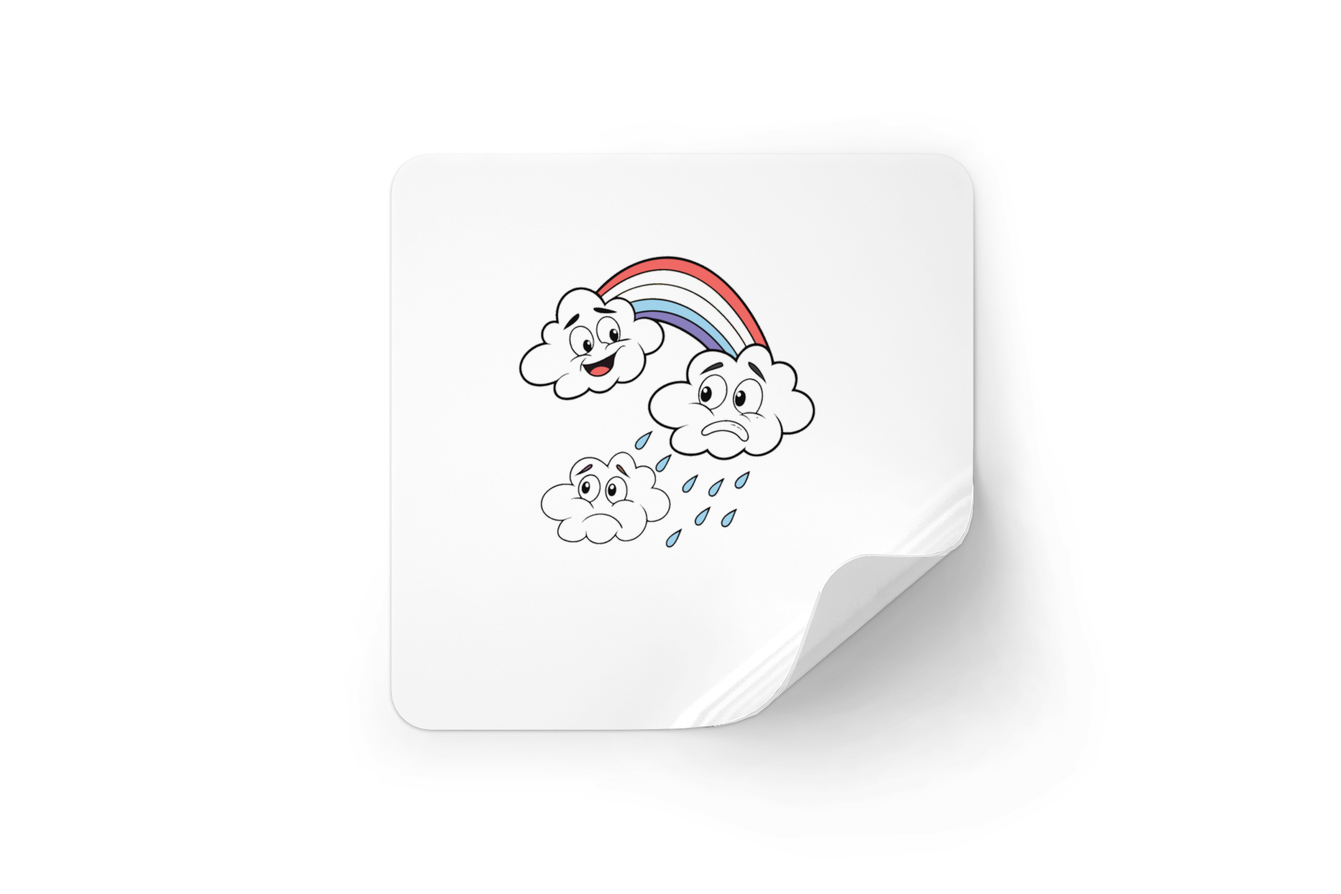 Sticker météo cartoon avec nuages souriants sous un arc-en-ciel lumineux