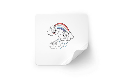 Sticker météo cartoon avec nuages souriants sous un arc-en-ciel lumineux