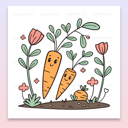 Illustration kawaii de carottes joyeuses au jardin, idéale pour DIY et papeterie.