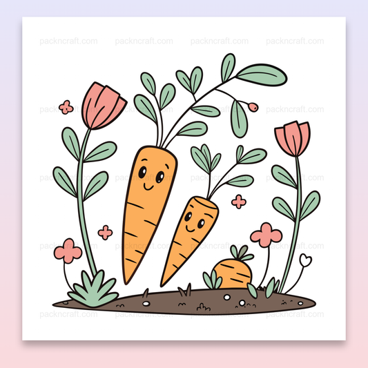 Illustration kawaii de carottes joyeuses au jardin, idéale pour DIY et papeterie.
