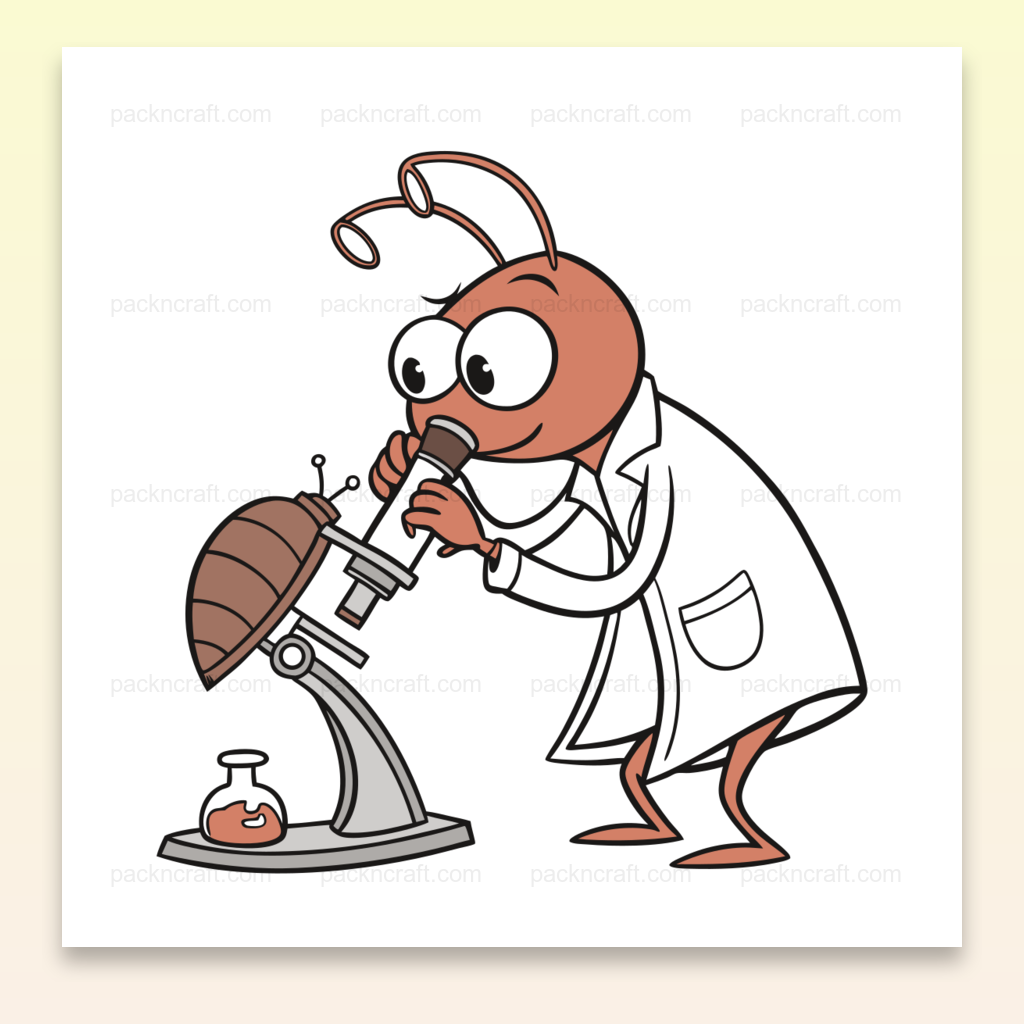 Illustration vectorielle d'une fourmi curieuse au microscope pour projet éducatif et DIY