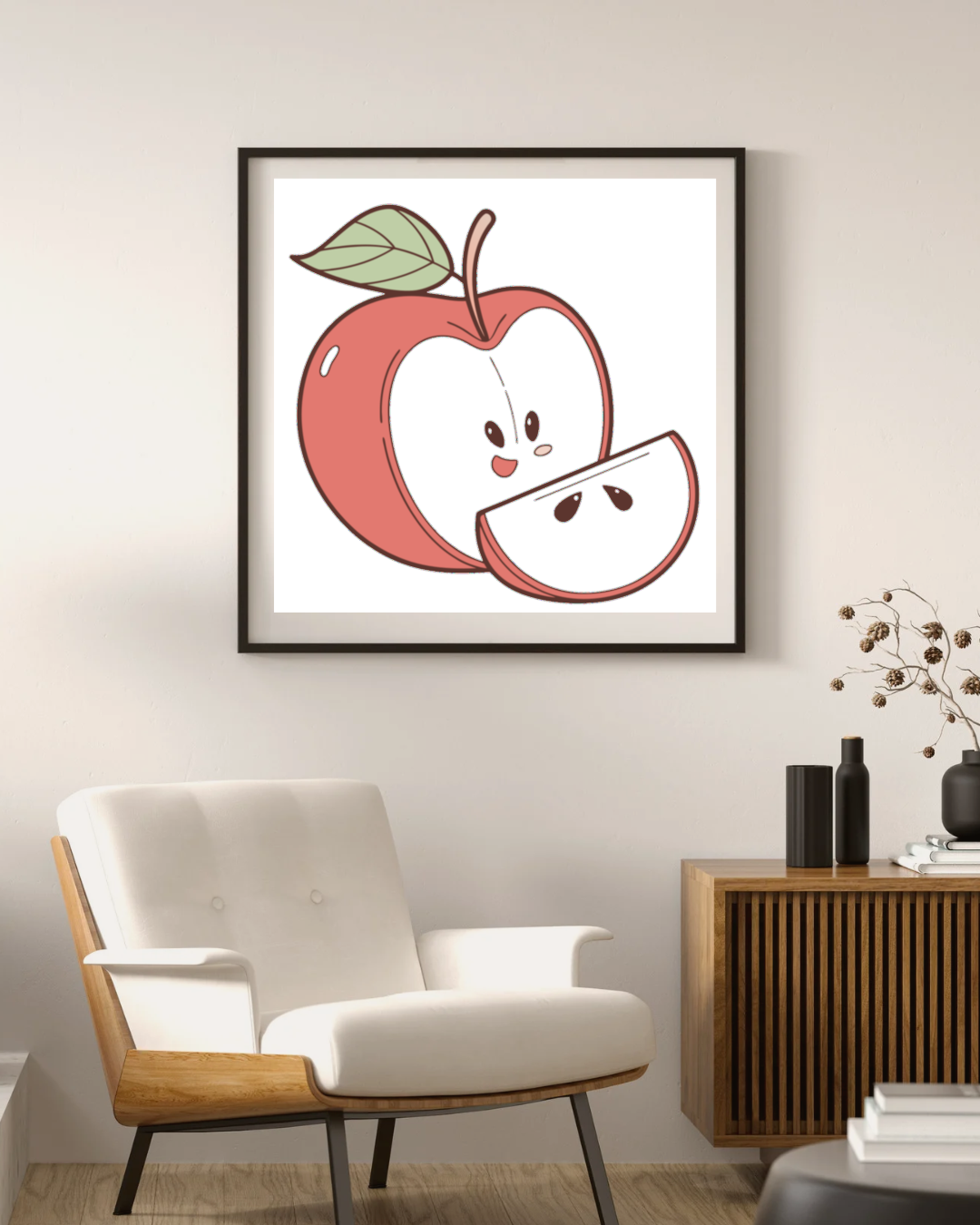 Cadre décoratif avec joyeuse pomme pastel tranchée, thème alimentaire apaisant
