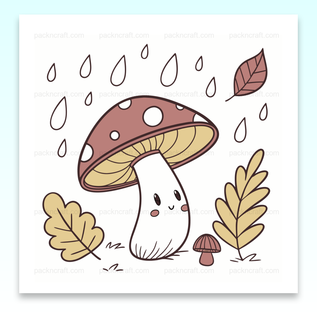 Illustration mignonne de champignon sous la pluie, idéale pour projets automnaux.