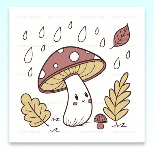 Illustration mignonne de champignon sous la pluie, idéale pour projets automnaux.
