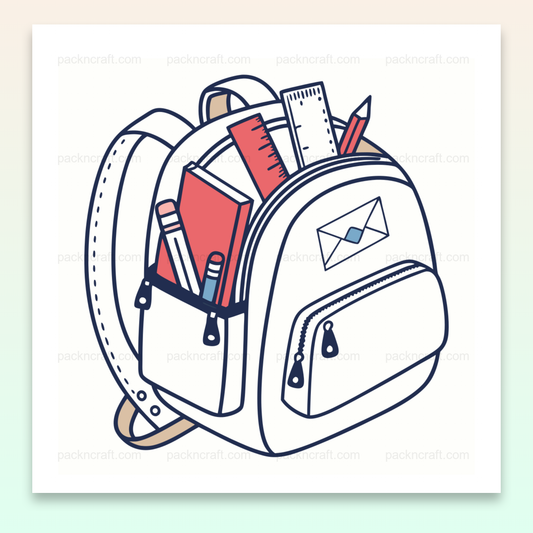 Illustration vectorielle de cartable stylisé rempli de fournitures scolaires en style pastel.