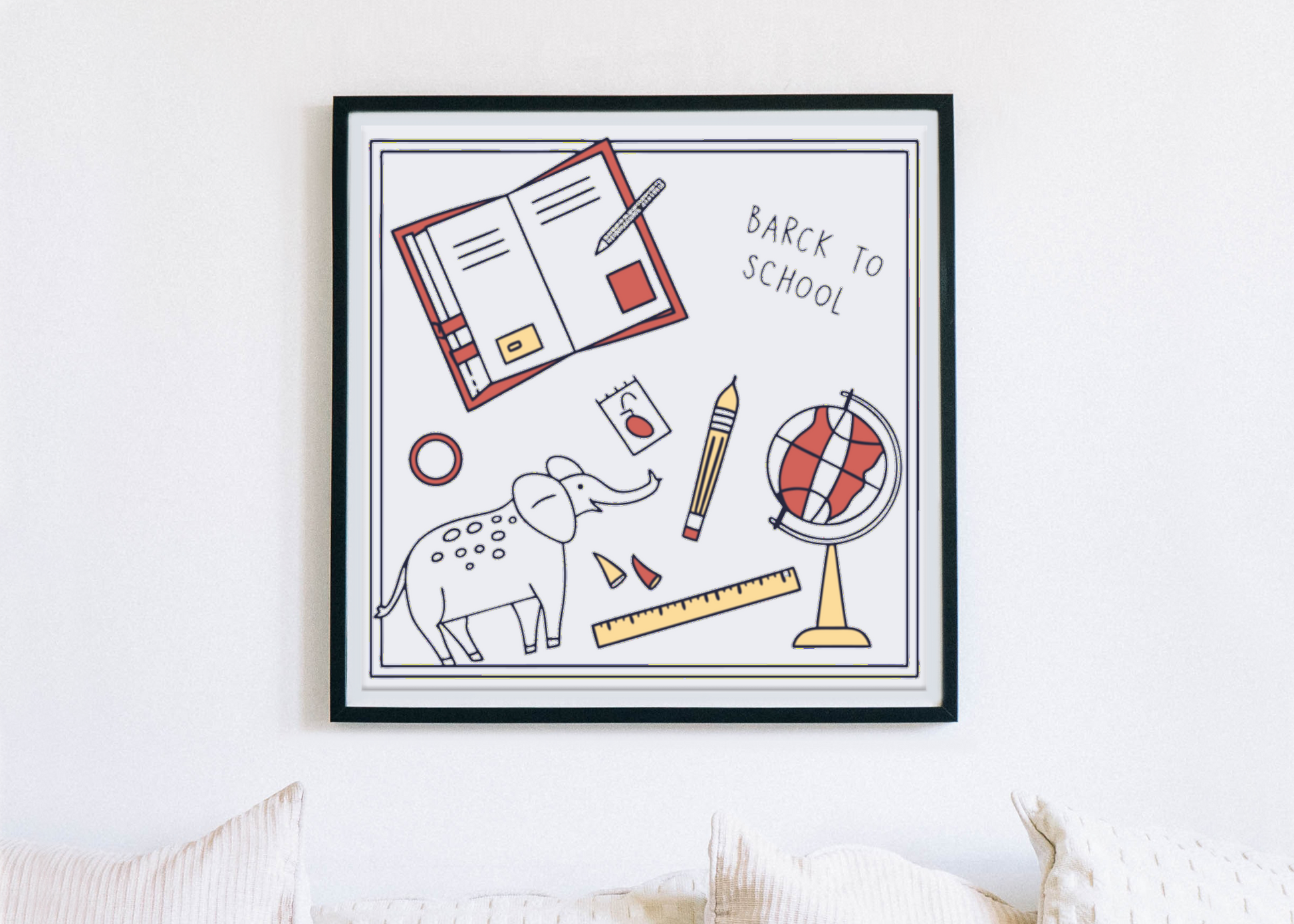 Cadre minimaliste avec éléphant studieux doodle, style scolaire attrayant