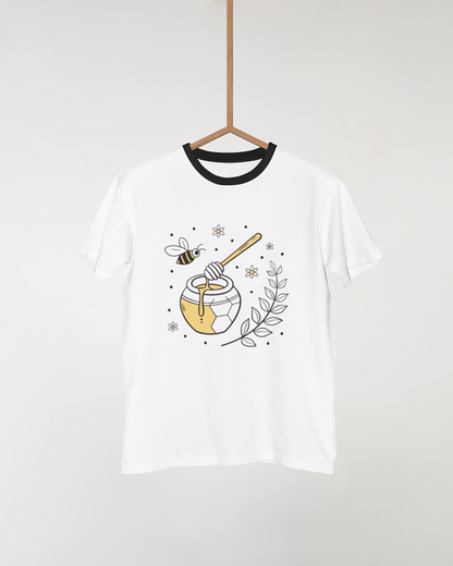 T-shirt fun avec abeille joyeuse et pot de miel en style nature vibrant
