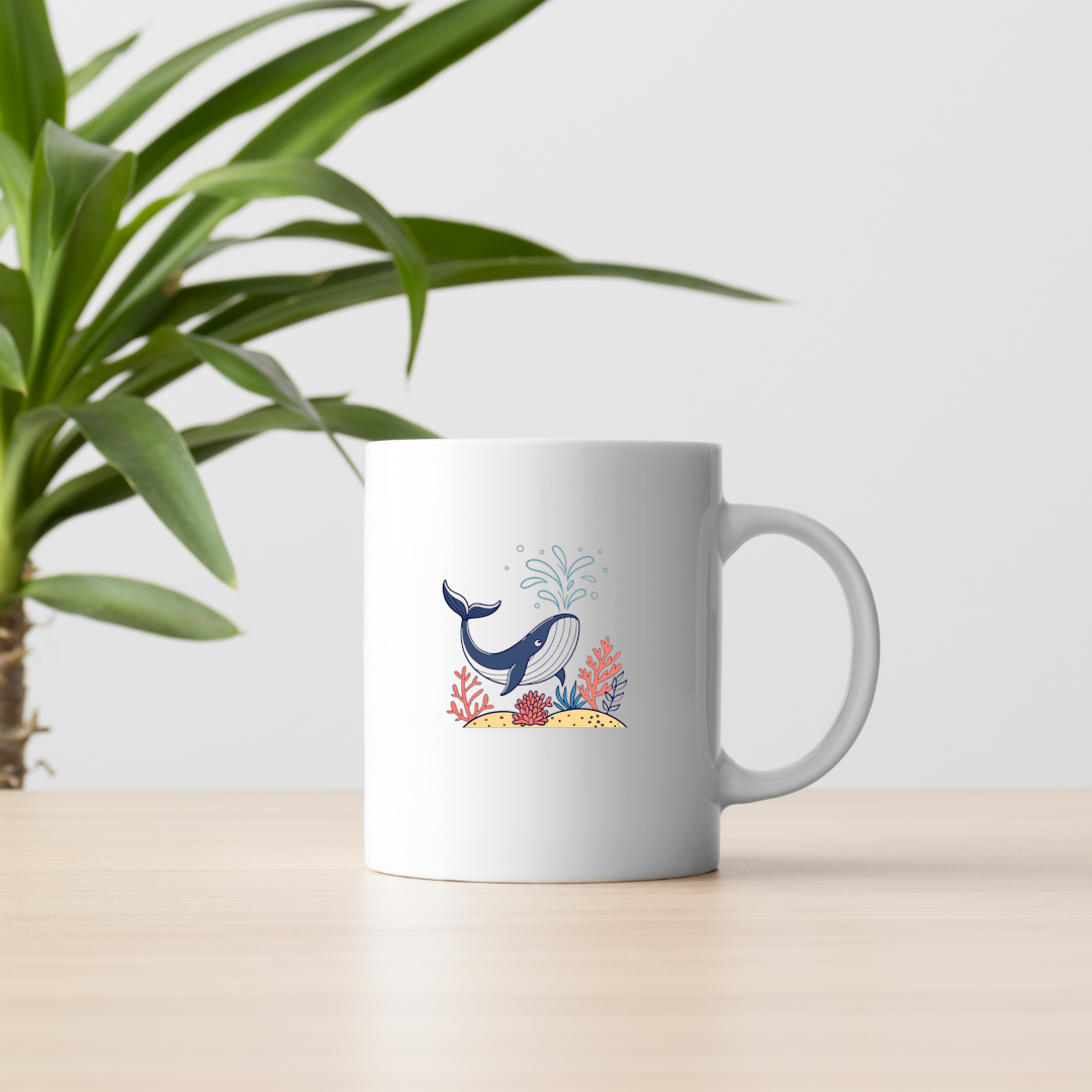 Mug avec dessin coloré d'une baleine joyeuse nageant dans un style océanique