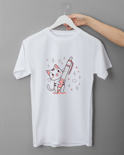 T-shirt avec motif de chat souriant aux couleurs pastel dans un style éducatif