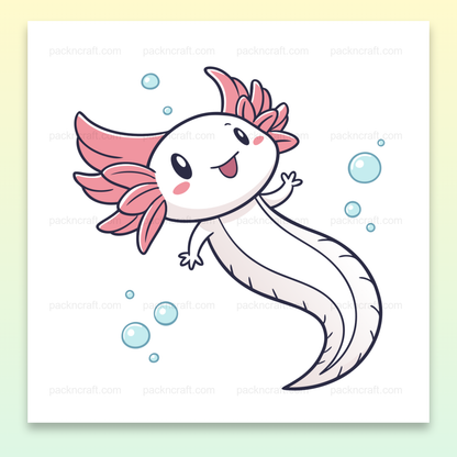Illustration kawaii d'un axolotl joyeux sous l'eau pour projets DIY et déco.
