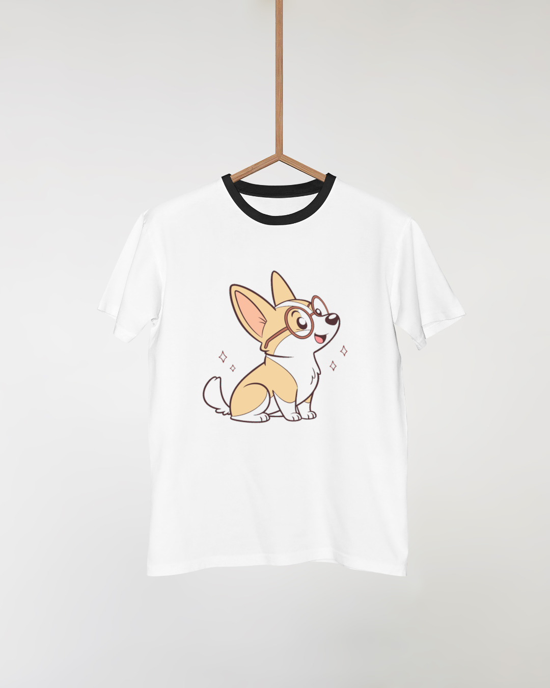 Design enfantin sur t-shirt avec un corgi souriant en lunettes dans un style vectoriel