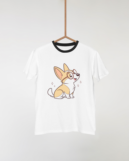 Design enfantin sur t-shirt avec un corgi souriant en lunettes dans un style vectoriel