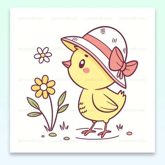 Illustration d'un poussin espiègle avec chapeau, parfait pour des projets printaniers et éducatifs