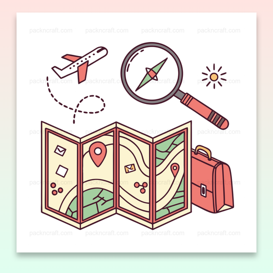 Illustration d'une carte de voyage avec avion et boussole, pour DIY et papeterie.