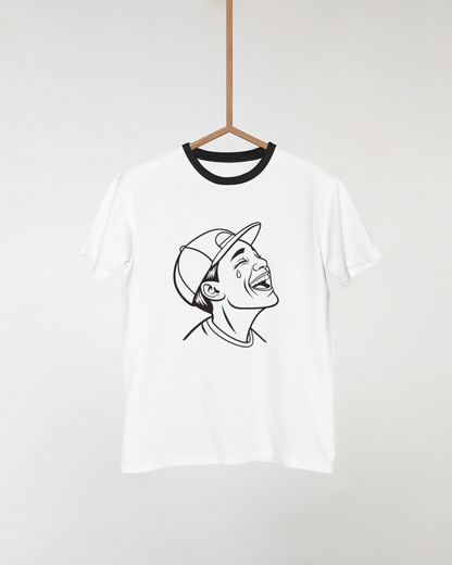 T-shirt moderne garni d'un garçon éclatant de rire en style monochrome graphique