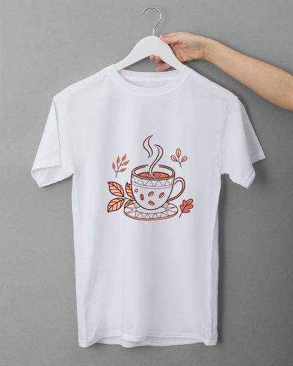 T-shirt automne détente avec icône de café fumant en style ligne art.