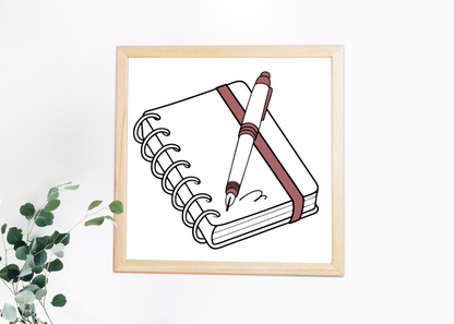 Cadre avec mise en scène d'un carnet et stylo dans un style épuré et moderne