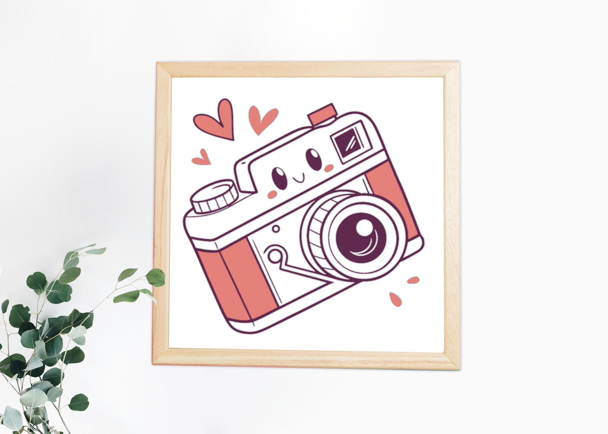Cadre avec icône numérique style kawaii montrant un appareil photo expressif