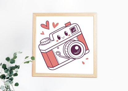 Cadre avec icône numérique style kawaii montrant un appareil photo expressif