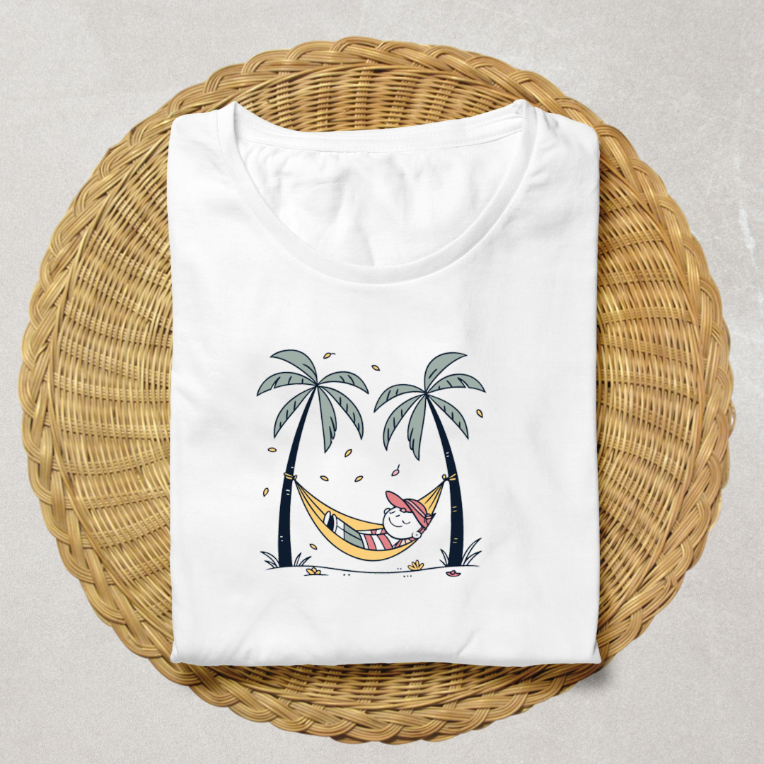 T-shirt avec icône d'un garçon relaxant sous un palmier style tropical détendu
