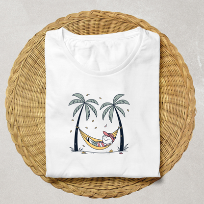 T-shirt avec icône d'un garçon relaxant sous un palmier style tropical détendu