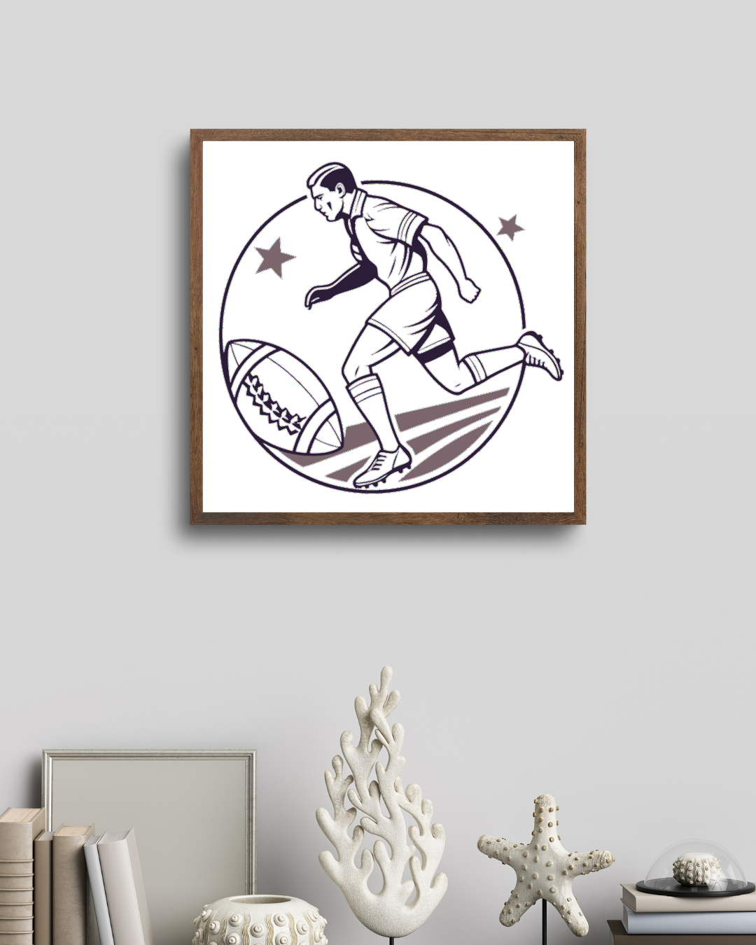 Cadre avec joueur de rugby en sprint, style vintage sportif dynamique