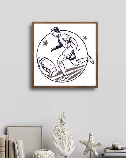 Cadre avec joueur de rugby en sprint, style vintage sportif dynamique