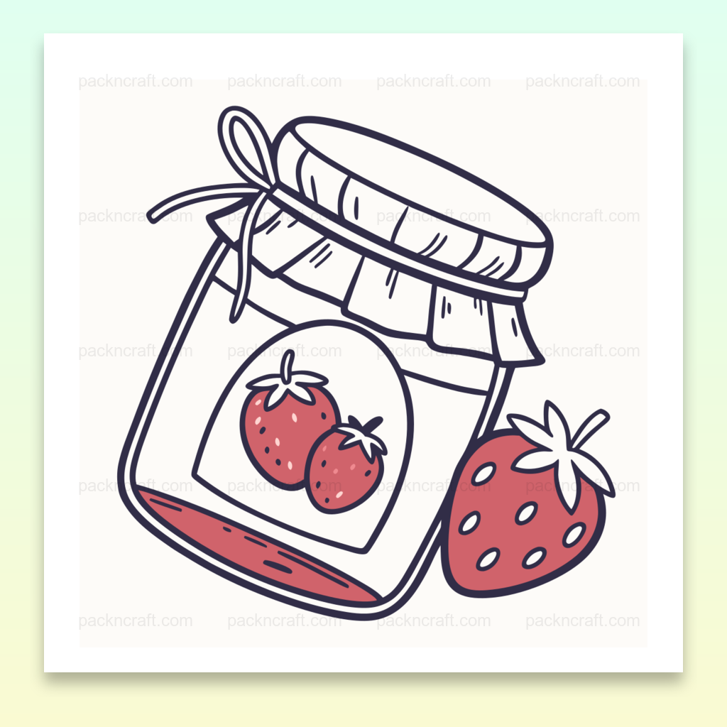 Illustration d'un pot de confiture de fraise en style doodle, idéale pour projets DIY et papeterie.