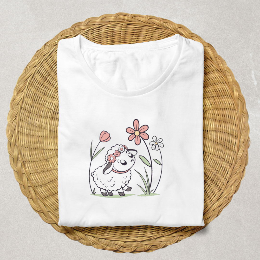 T-shirt printanier avec motif pastel de mouton en fleurs, style moderne et apaisant