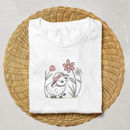 T-shirt printanier avec motif pastel de mouton en fleurs, style moderne et apaisant