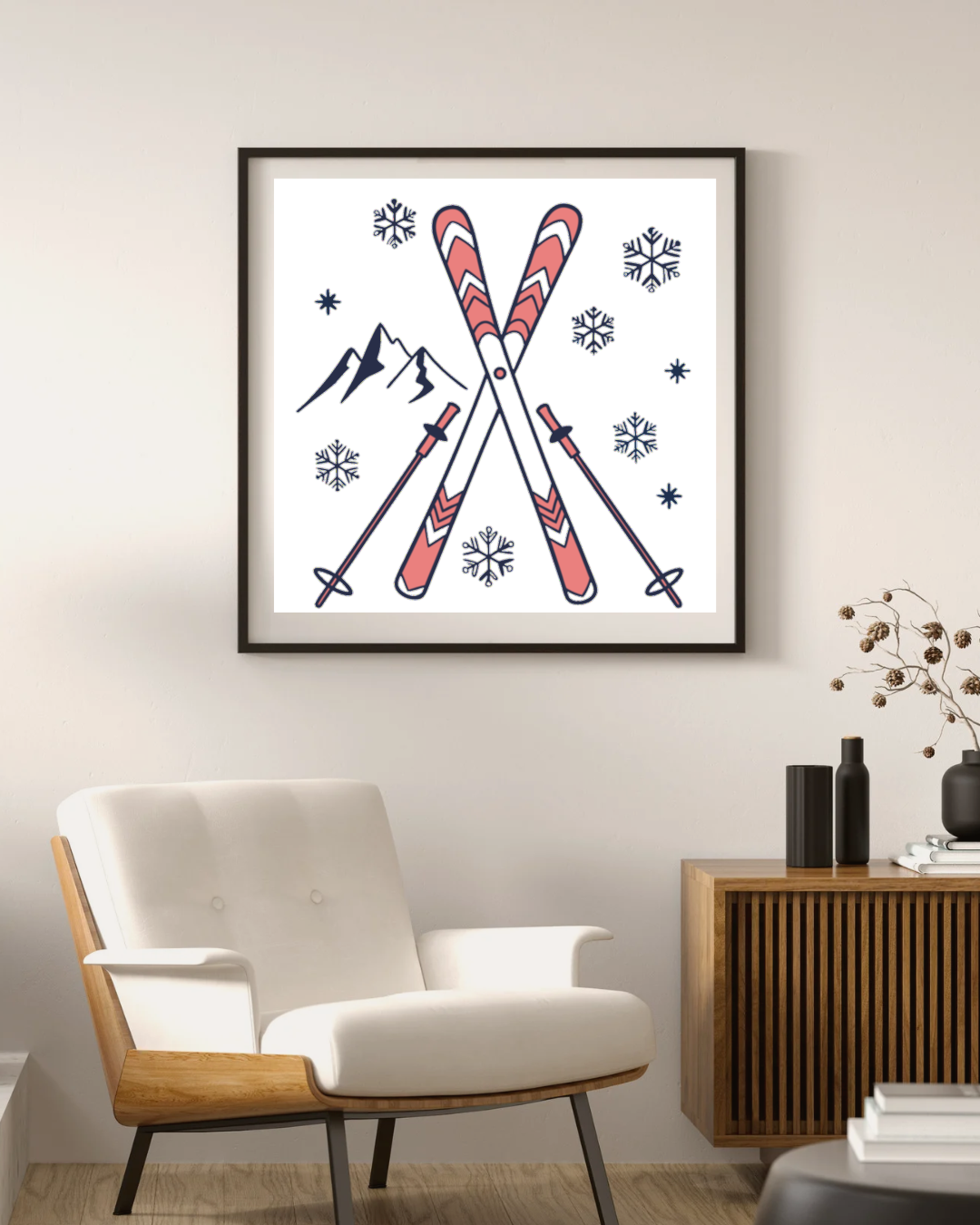 Cadre décoratif avec icône hivernale de skis en montagne dans un style artistique