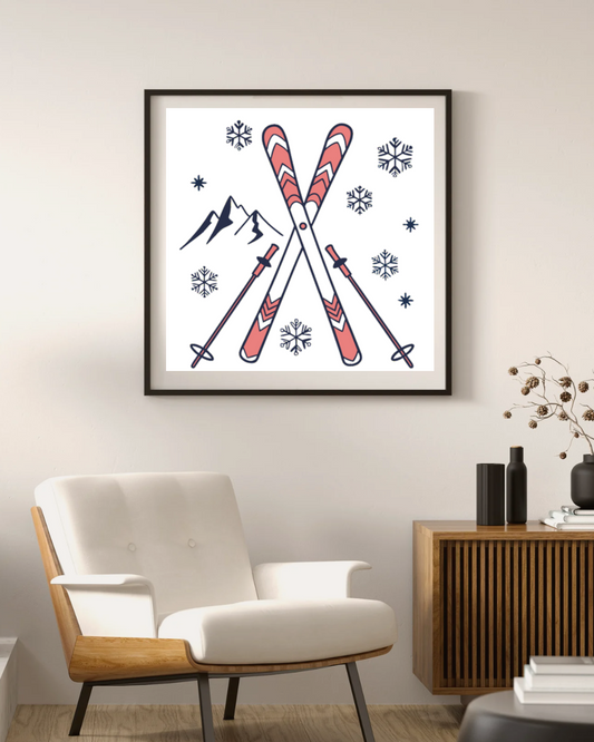 Cadre décoratif avec icône hivernale de skis en montagne dans un style artistique