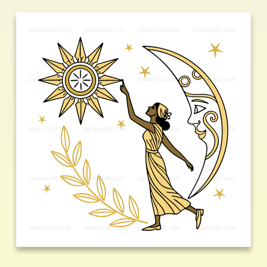 Illustration d'une déesse étoilée atteignant la lune, style mystique, usage décoratif et éducatif