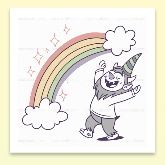 Illustration d'un lutin joyeux sous un arc-en-ciel pour usage créatif et imprimable.
