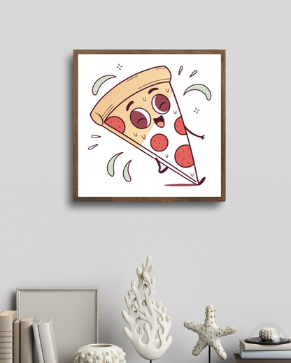 Cadre orné d'une part de pizza souriante au style kawaii pour déco gourmande
