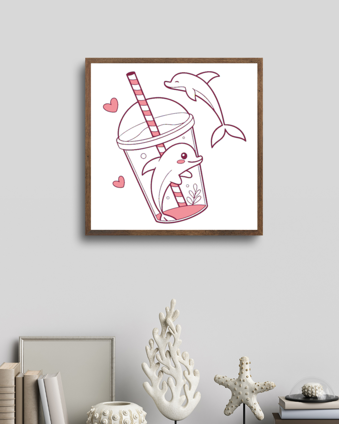 Cadre estival présentant des dauphins joyeux dans un smoothie au style pastel