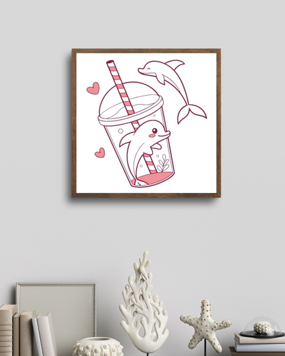 Cadre estival présentant des dauphins joyeux dans un smoothie au style pastel
