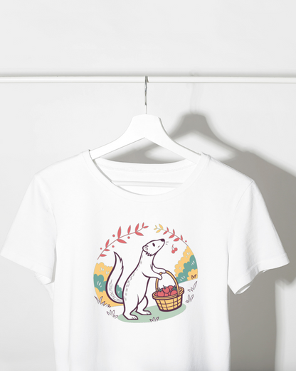 T-shirt automnal orné d'une belette joyeuse avec panier plein de pommes