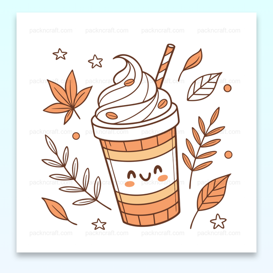 Illustration cozy d'un gobelet souriant automnal en style pastel, idéale pour DIY et papeterie.