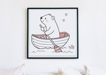 Cadre décoratif avec ours joyeux sur mer dans un style vintage aventureux