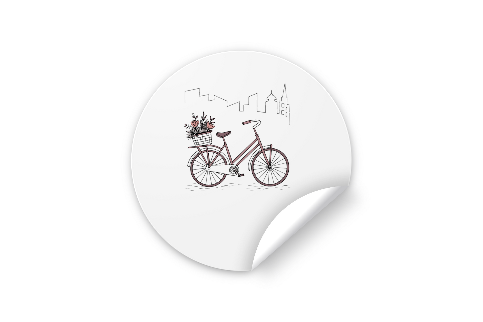 Sticker urbain avec un vélo romantique entouré de fleurs en ville