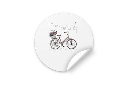 Sticker urbain avec un vélo romantique entouré de fleurs en ville